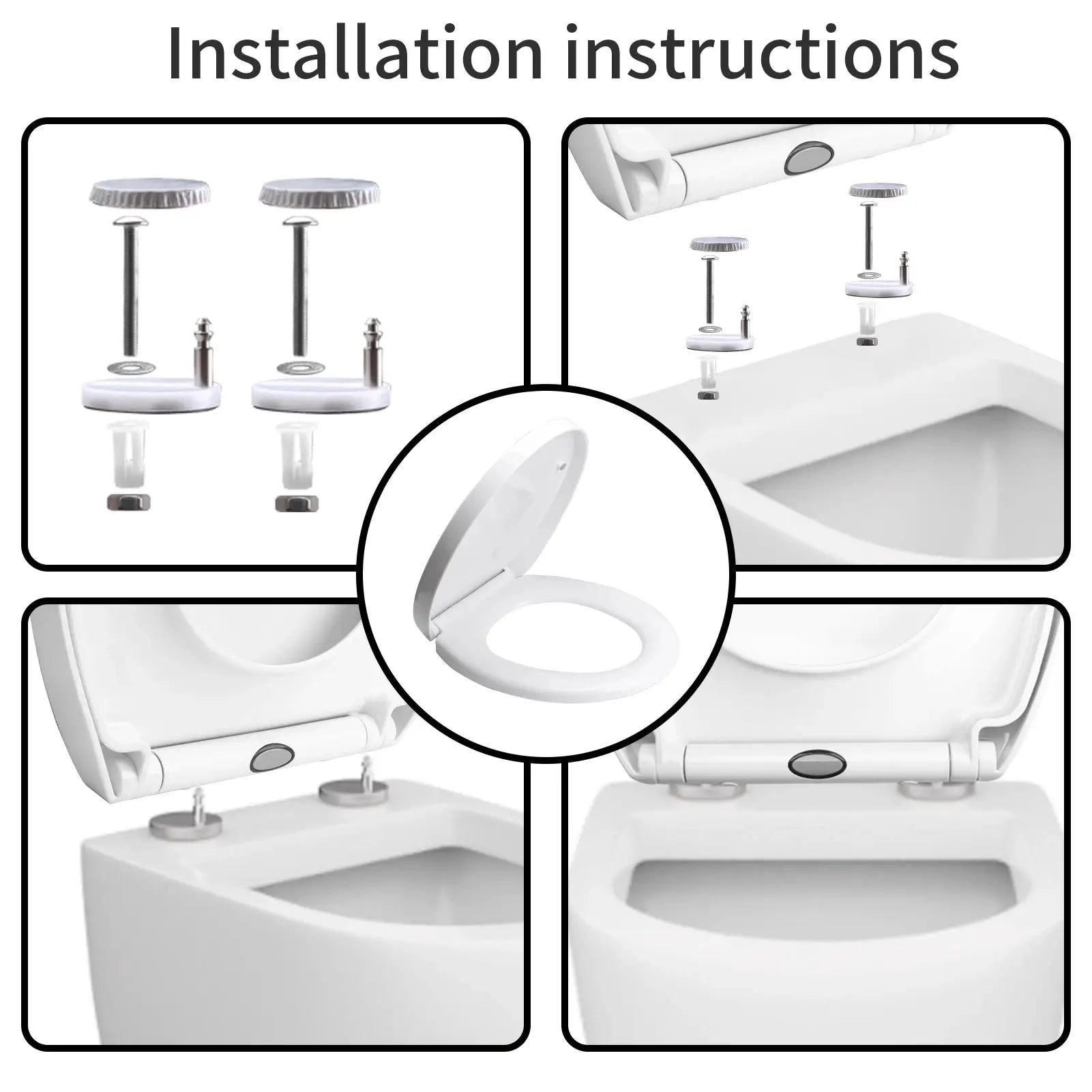 White toilet seat with slow-close adjustable hinges and installation hardware kit