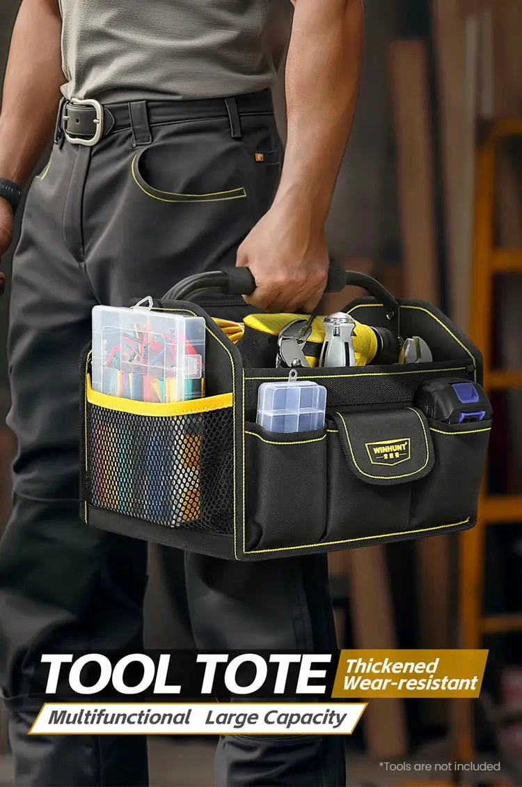 WINHUNT tool tote bag, black with yellow trim, 10-pocket wide-mouth organizer