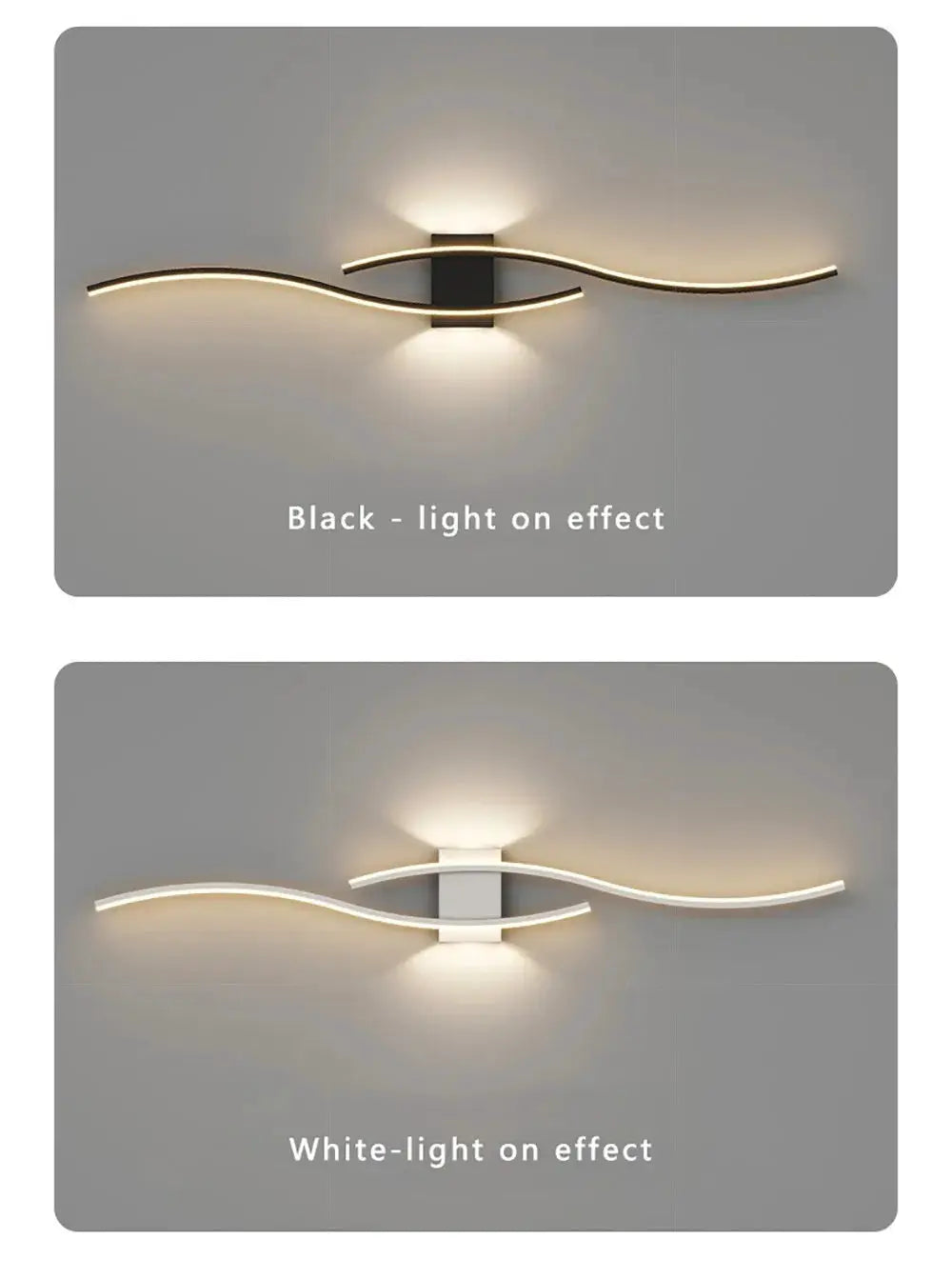 LED wall lamp long strip by Simples Market; black and white versions with warm and white light effects