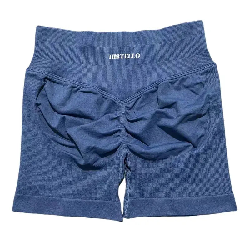 HISTELLO sports shorts blue, low-waist seamless scrunch back, breathable stretch fabric for fitness workouts