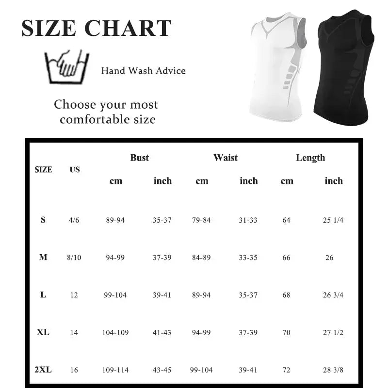 Simples Market men shapewear strip shaping vest tanks, white and black, sleeveless compression shirts with size chart