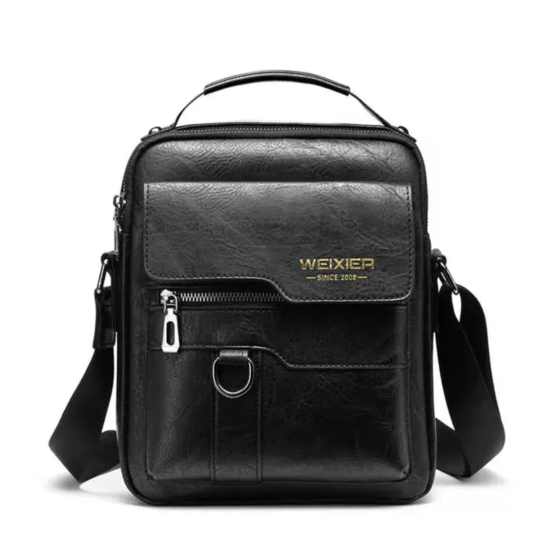 Men's black leather crossbody bag with front zip pocket and D-ring by WEIXIER.