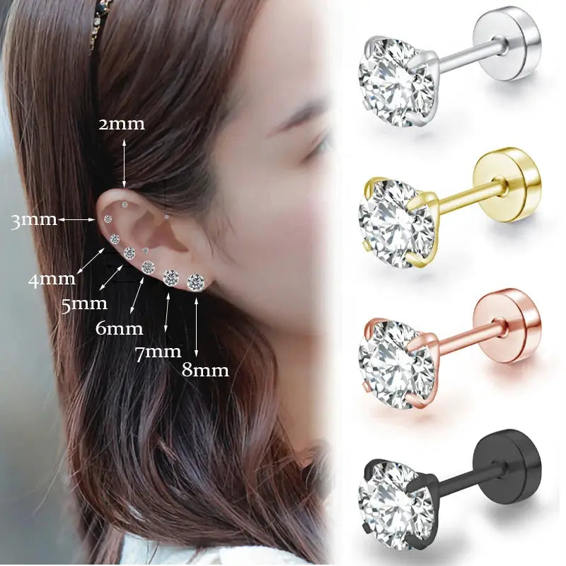 Stainless Steel Titanium Round Cubic Zirconia Stud Earrings for Women and Men with Screw Back Closure Silver