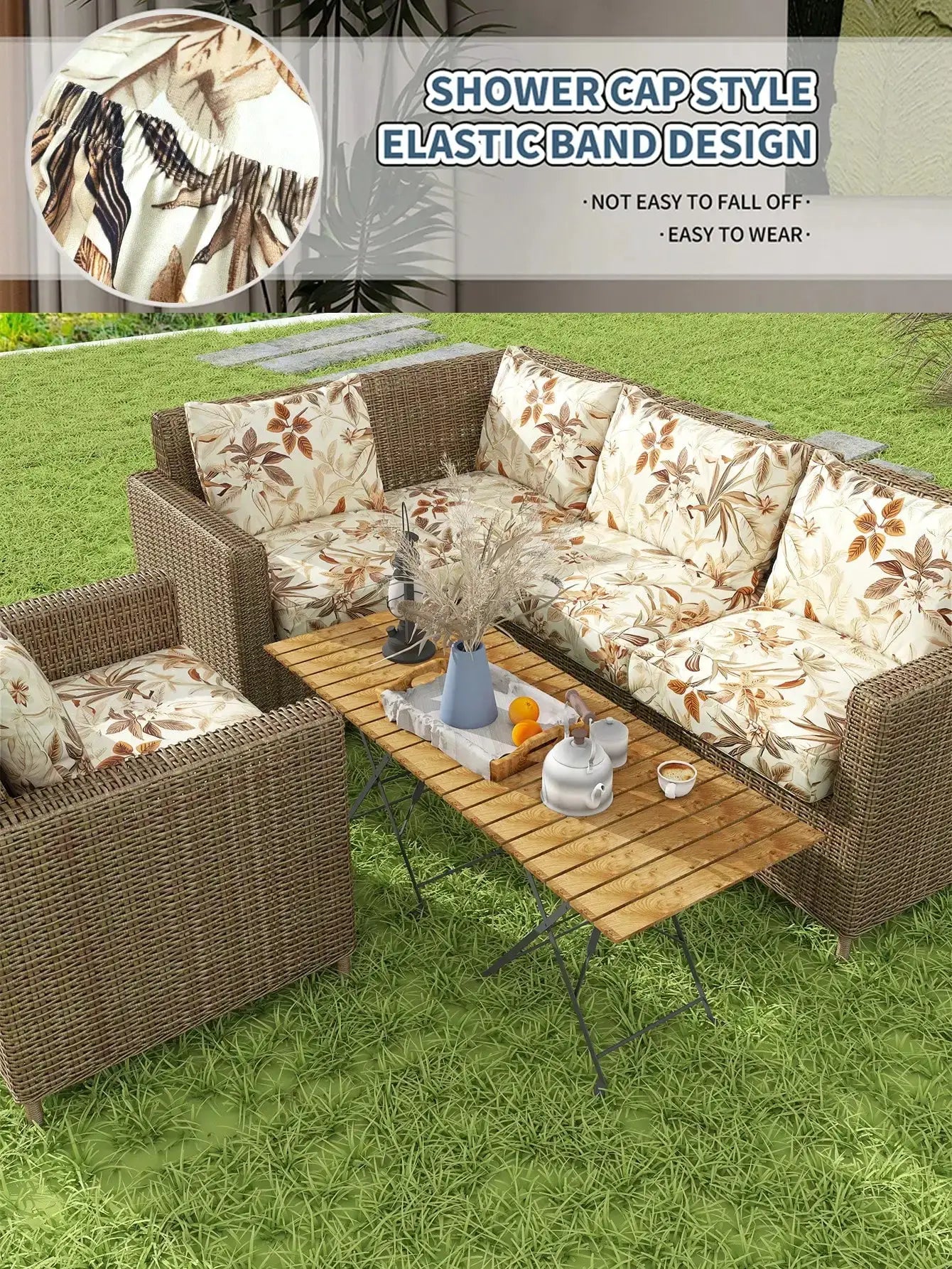 Outdoor tropical print sofa cushion covers by Simples Market; beige-brown leaf pattern, non-slip outdoor protectors.