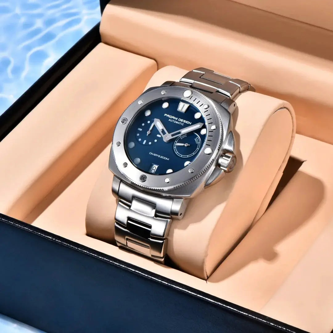Pagani Design automatic diver watch, blue dial, stainless steel bracelet, in beige presentation box