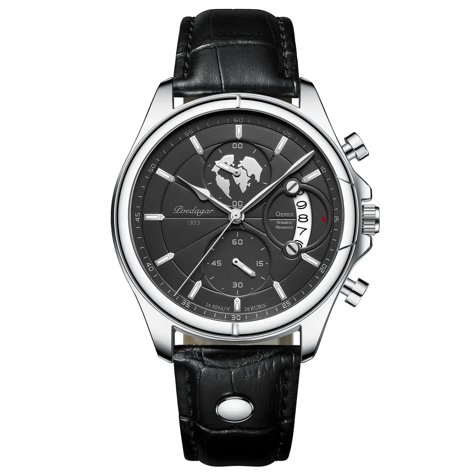 POEDAGAR men's luxury wristwatch with black dial, chronograph, date, stainless steel case, black leather strap.