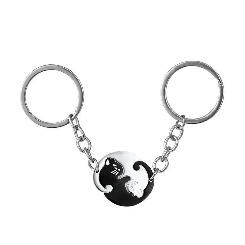 Heart Shaped Cat Yin Yang Stainless Steel Keychain Set For Couples And Best Friends