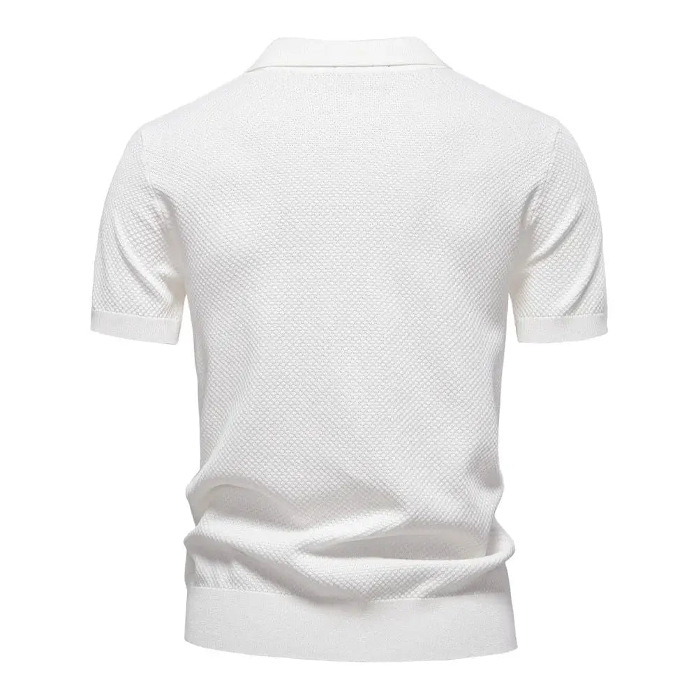Men's white collared golf polo shirt with textured breathable fabric and short sleeves, back view.
