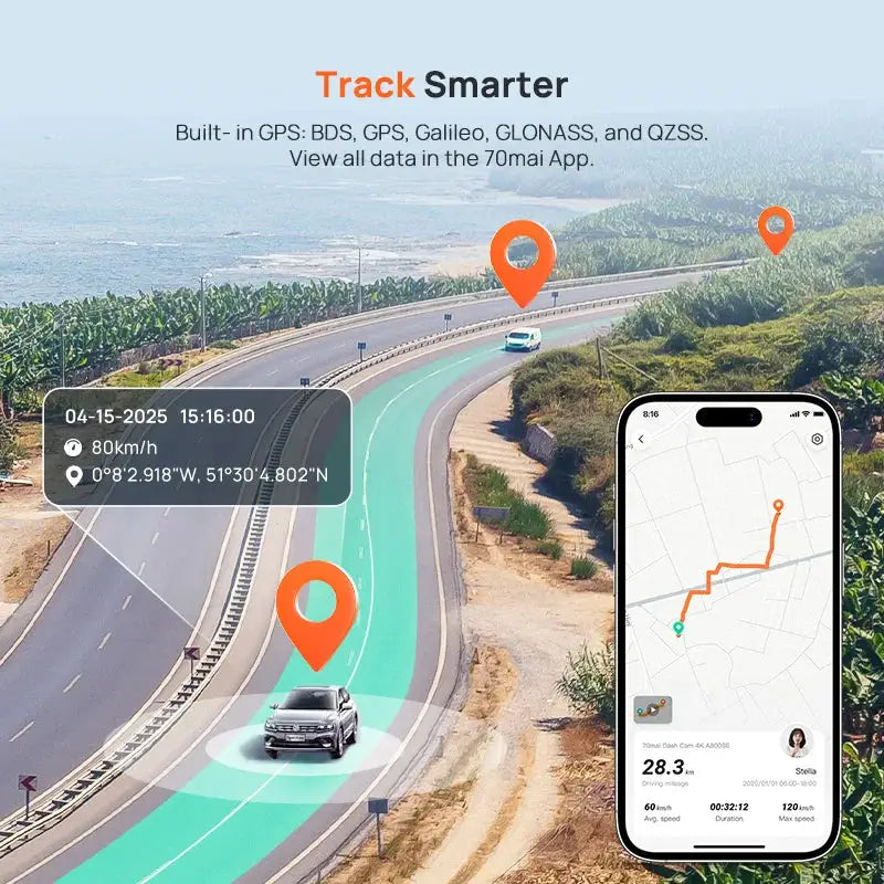70mai A800SE 4K dash cam with GPS/ADAS and WiFi 6, shown with phone map