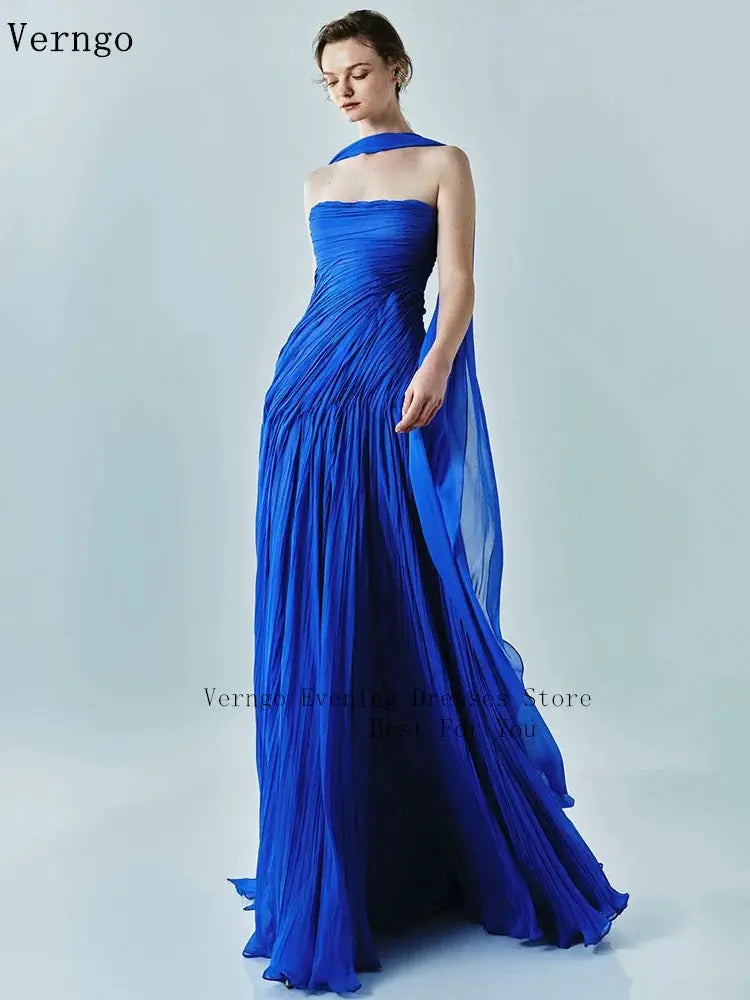 Verngo Royal Blue Strapless A Line Evening Dress Pleated Silk Prom