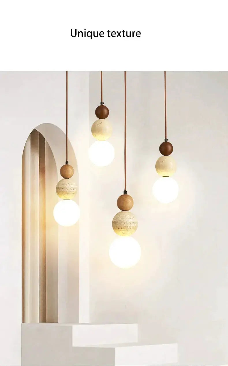 Cream-style pendant lamp set with stone and wood beads, five warm LEDs by Simples Market