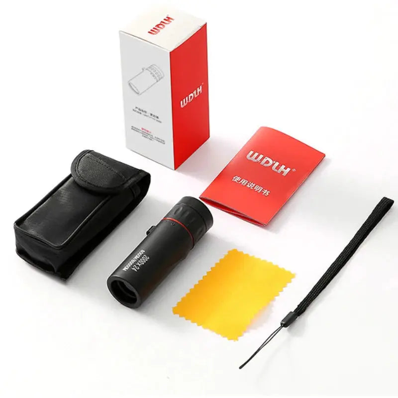 Monocular telescope by Simples Market with phone adapter; black body, carrying pouch, cleaning cloth, strap, and box
