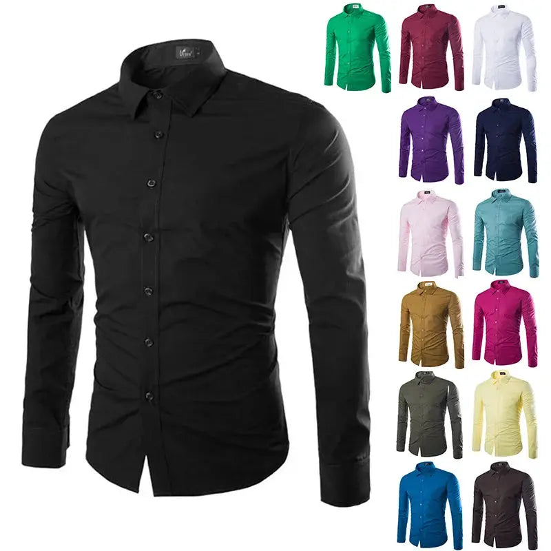 Men's long-sleeve solid color shirt by Simples Market in black, with 14 color options shown
