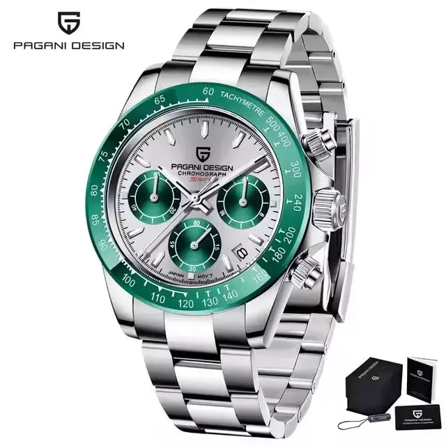 Pagani Design PD1644 men's chronograph watch with green bezel, stainless steel strap, sapphire glass