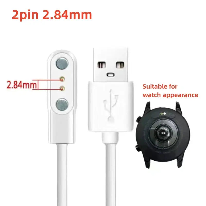 Simples Market magnetic watch charger cable with USB-A plug and dual 2.84mm pins, white cable.