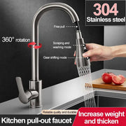 Stainless steel kitchen pull-out faucet with retractable spray head, 360° rotation, 304 stainless steel construction.