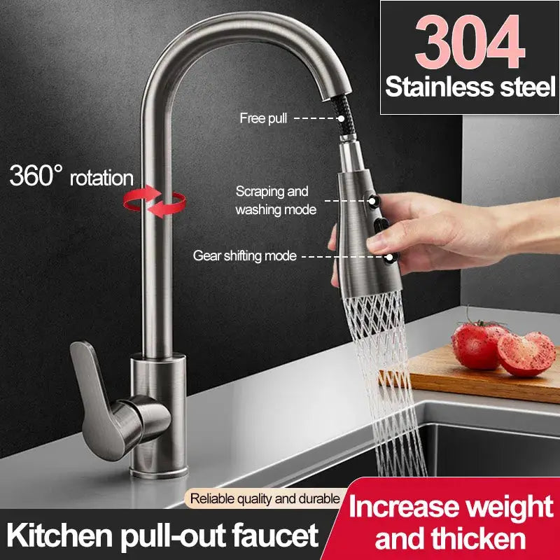 Stainless steel kitchen pull-out faucet with retractable spray head, 360° rotation, 304 stainless steel construction.