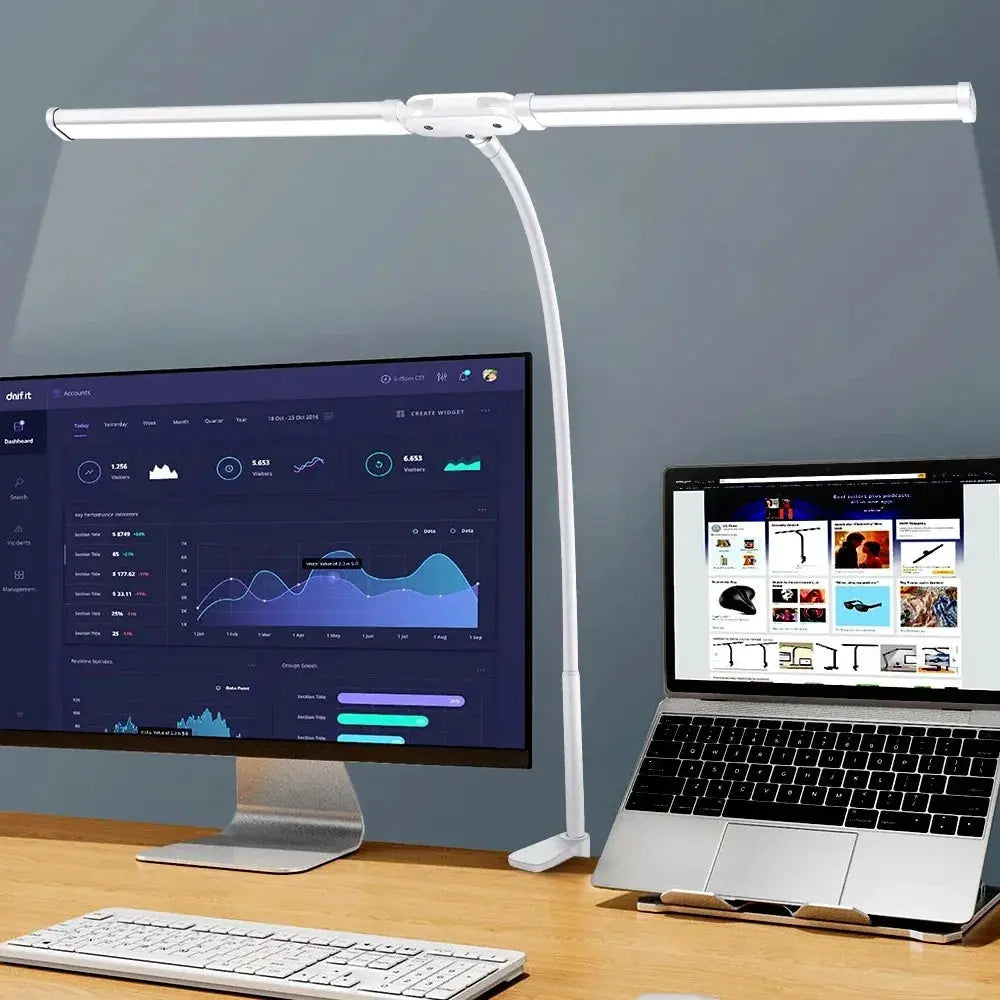LED desk lamp double-head gooseneck, white, eye-caring, stepless dimmable for office use.
