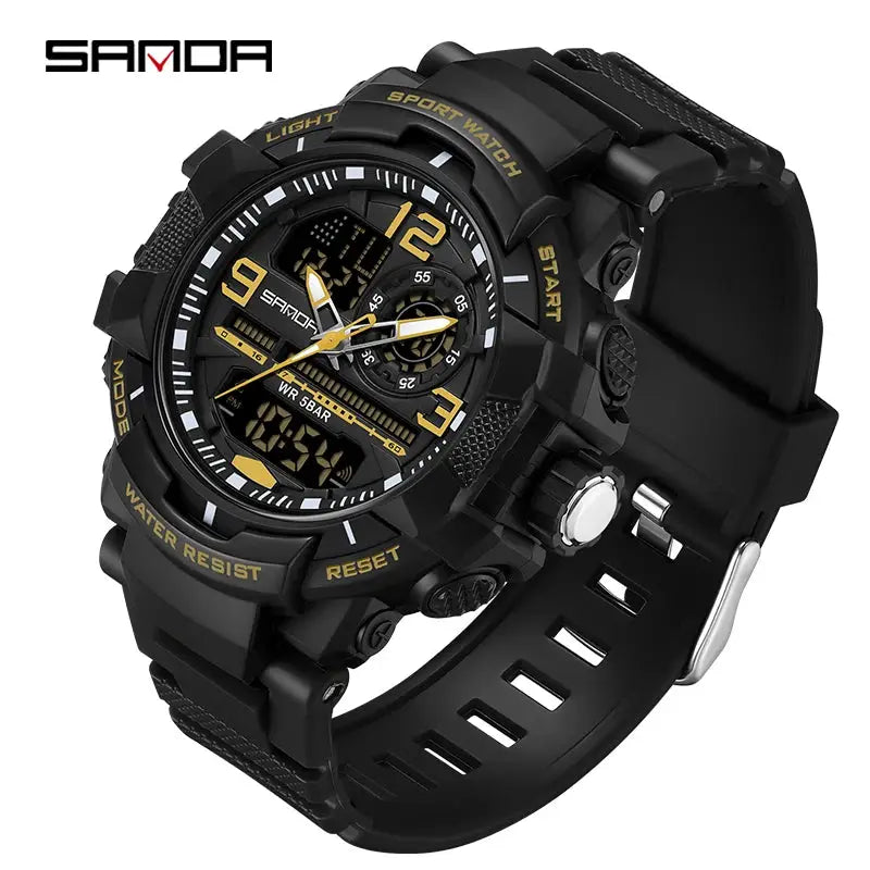 SANDA 6130 dual-display men's sport watch, black with yellow accents, SAMOA logo visible