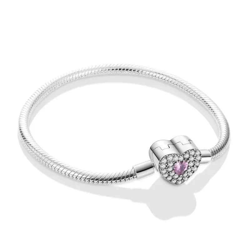 S925 Silver Plated Peach Heart Zircon Bracelet For Women Fit DIY Charms Beads Birthday Jewelry
