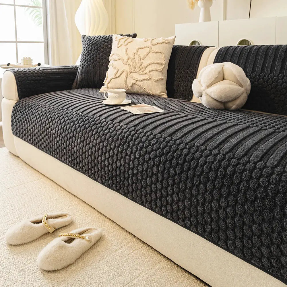Sofa cover with thick fleece, black geometric jacquard, and anti-slip backing