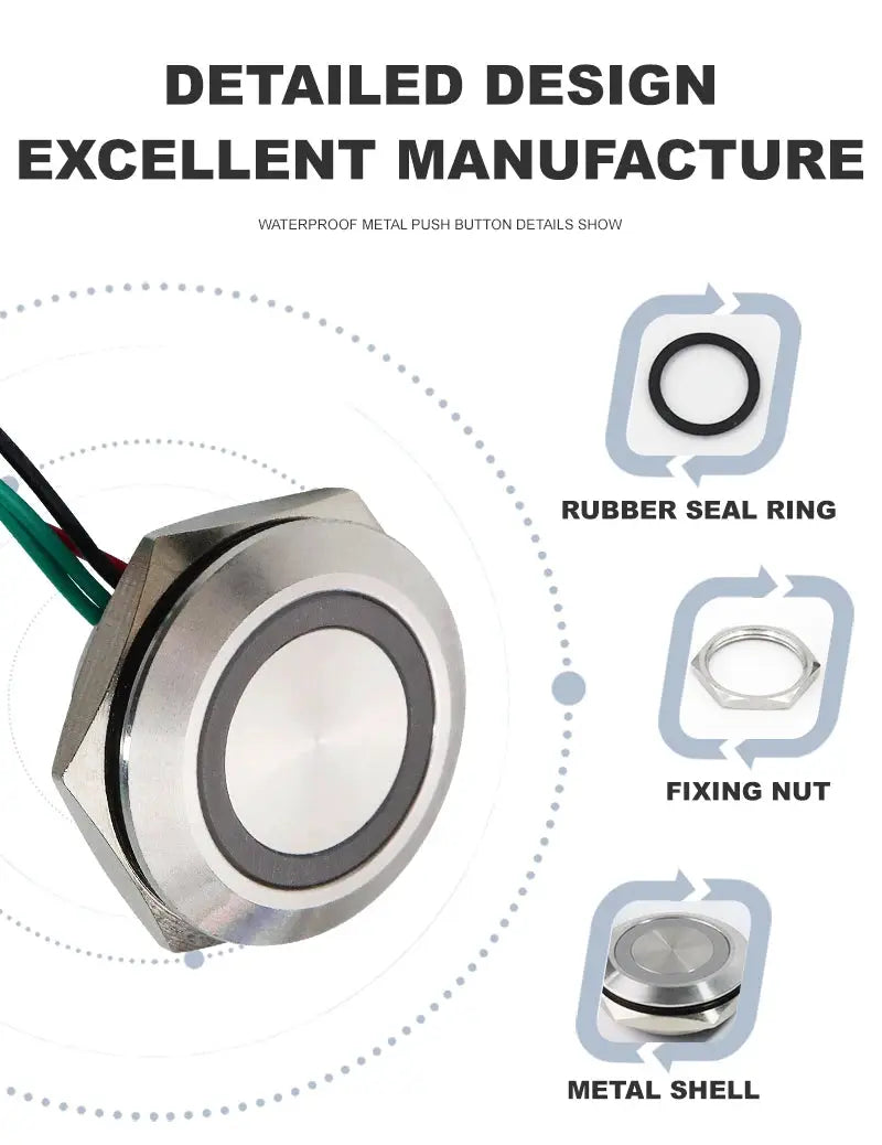 Simples Market ultra-short LED push button switch with metal shell and wires, includes rubber seal ring and fixing nut.