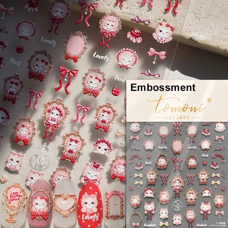 Pink translucent peach jelly 5D embossed self-adhesive nail art stickers with cute fruit designs by Tomoni