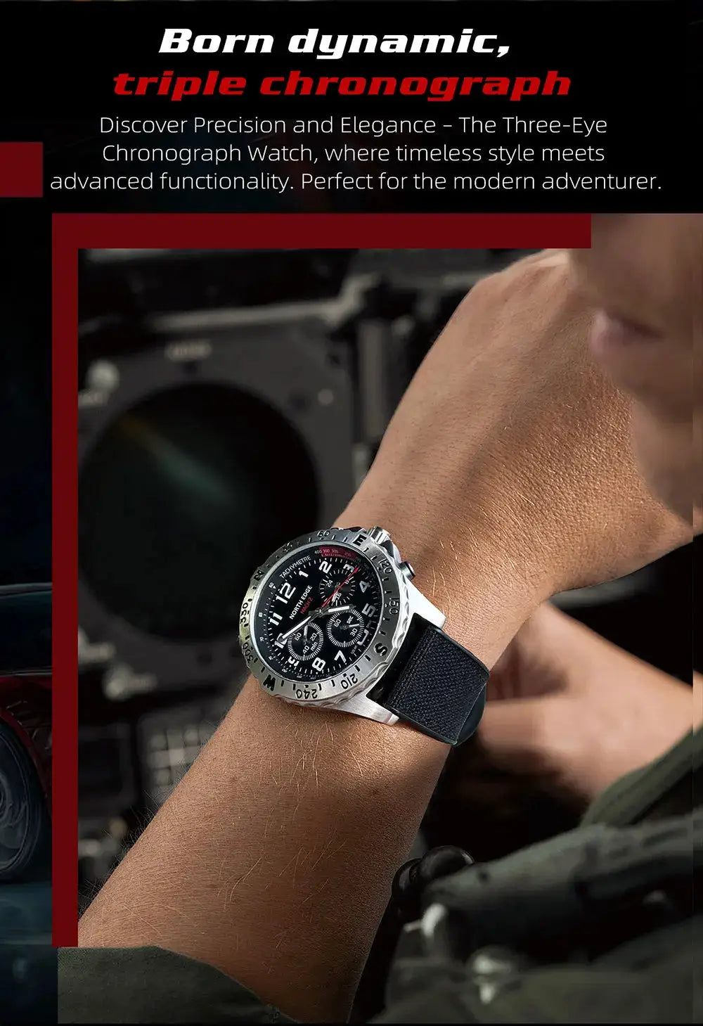 North Edge MACH 2 men's solar-powered quartz watch by Simples Market; stainless steel case and black strap.
