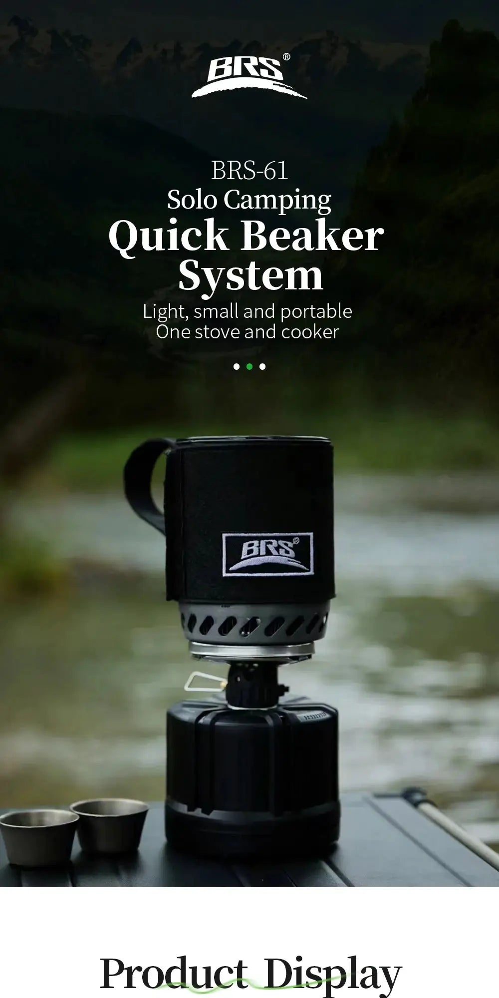 BRS-61 solo camping stove with black protective sleeve and two metal cups on a table