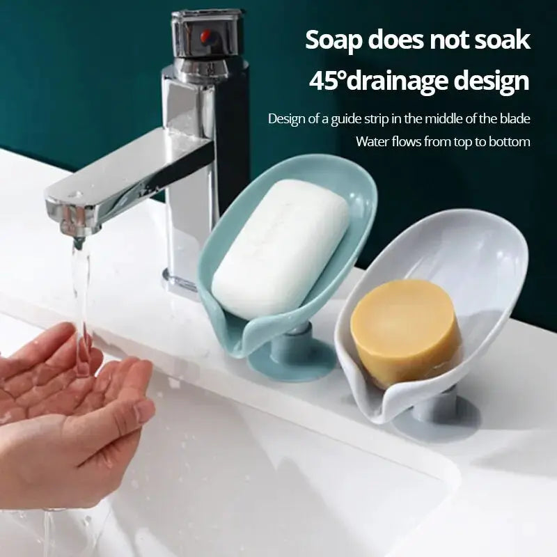 2-pack soap draining racks with punch-free suction cups in blue and gray for bathroom soap storage.