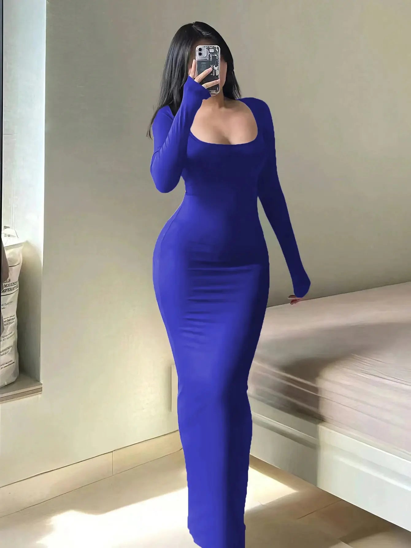 LuxeLine Womens Solid Long Sleeve Bodycon Dress With Square Neckline Ankle Length Silhouette And Stretch Fabric