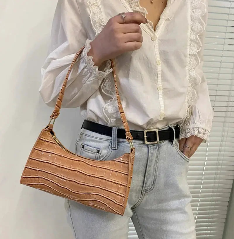 Alligator-pattern PU leather handbag for women, tan underarm messenger bag with slim strap
