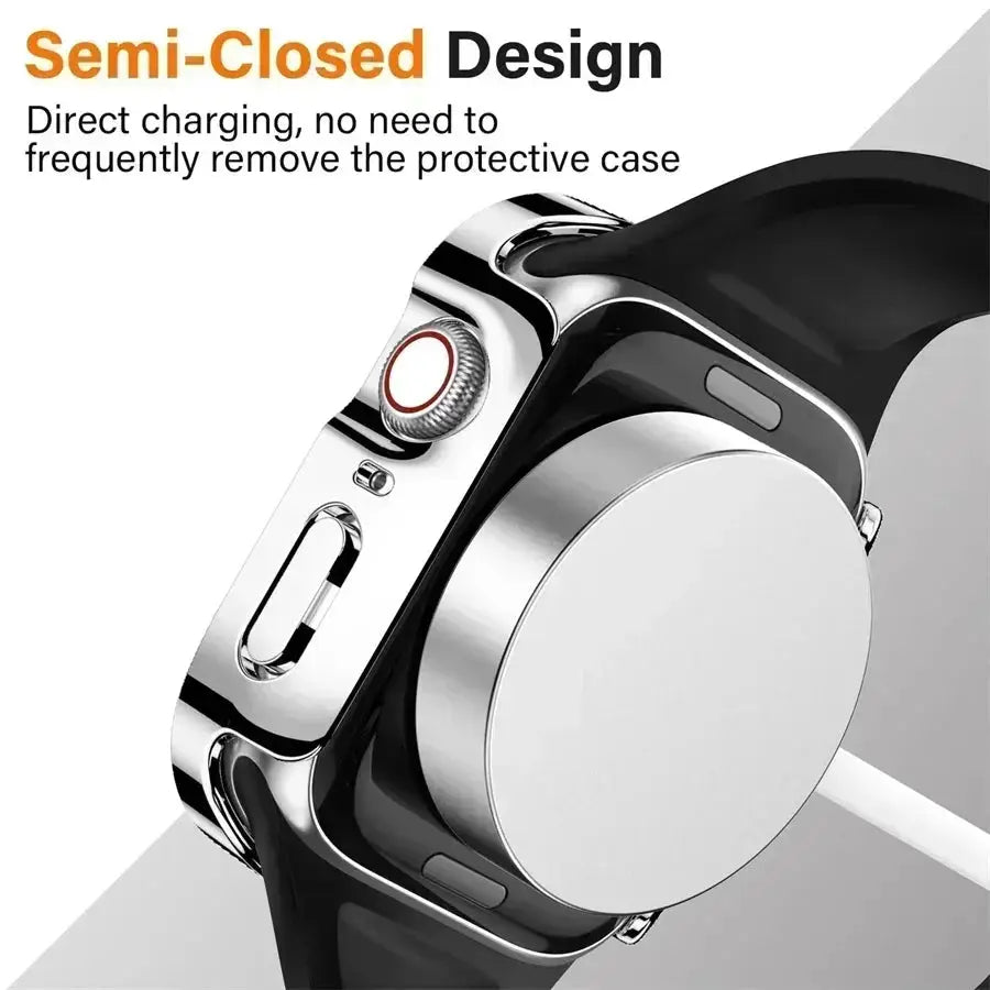 Apple Watch bumper case with tempered glass screen protector; black PC frame for 40–46mm models