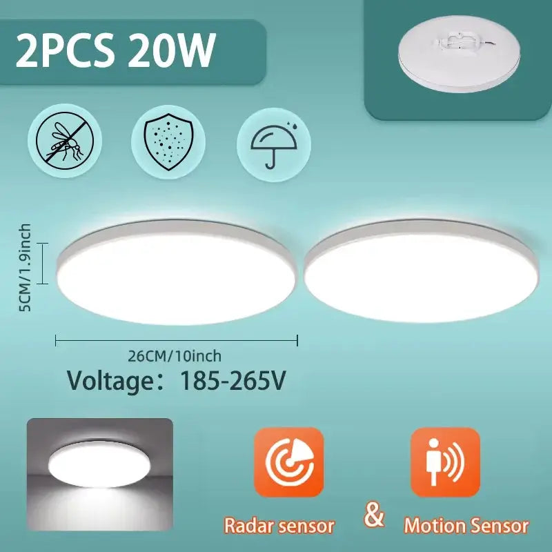 Radar ceiling light 2-pack 20W, white round LED ceiling lamps with radar and motion sensors, 185–265V