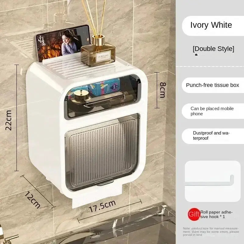 BrightNest Wall Mounted Toilet Tissue Box With Paper Drawer And Double Layer Storage Rack Space Saving Bath Organizer