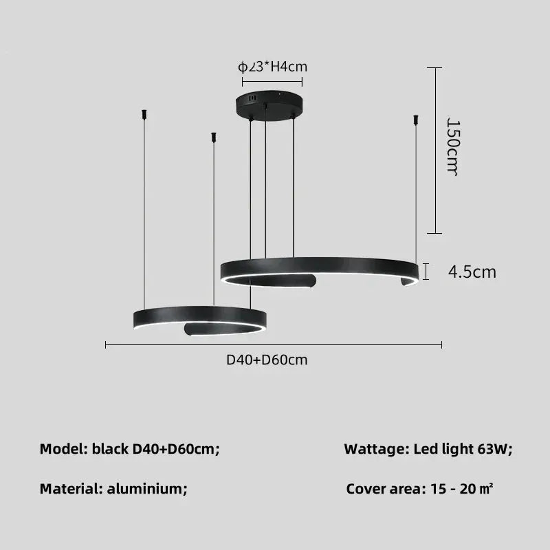 Black aluminum ring ceiling chandelier set with two circular LED pendant lights for dining or bedroom