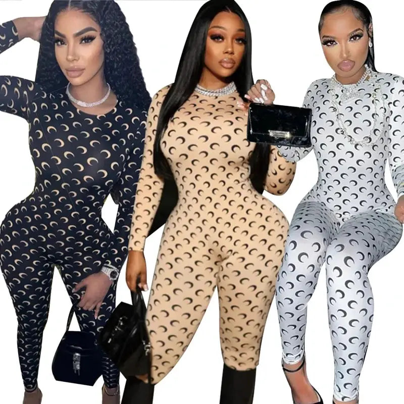 Womens moon-print jumpsuit set by Simples Market; black, beige & white; slim-fit long-sleeve round-neck, tight-fitting