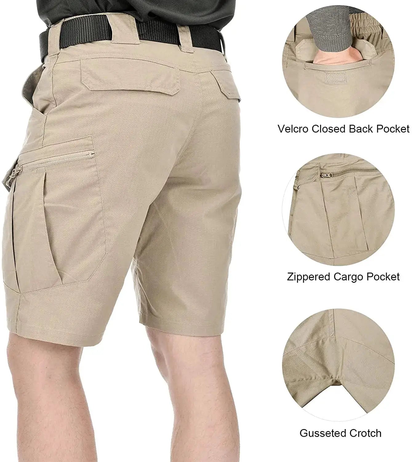 Simples Market men's khaki cargo shorts with belt and multiple pockets for outdoor quick-dry wear