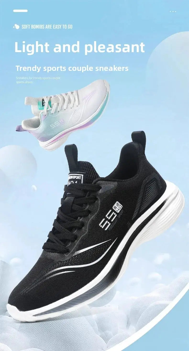 Men's sneakers: black chunky-sole running shoe with lace-up; pastel lavender running shoe in background (2 items)