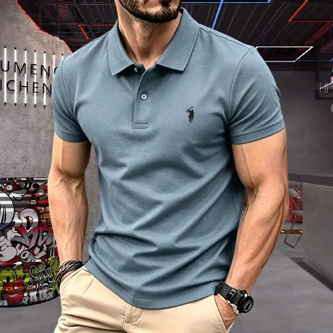 Men's blue cotton polo shirt with short sleeves and small pony embroidery
