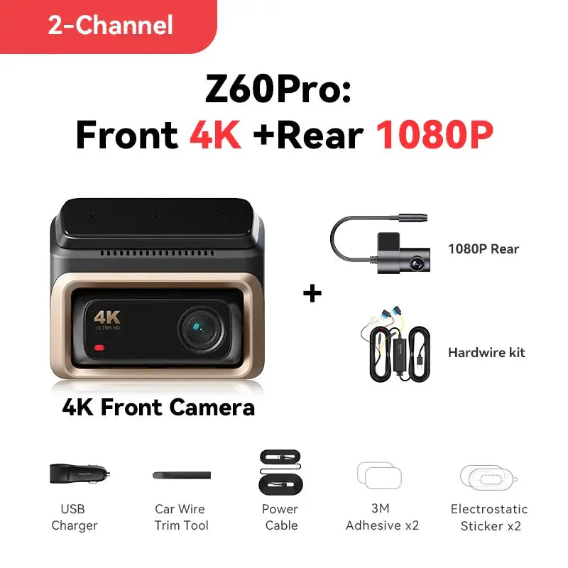 DDPAI Z60 Pro 4K front dash cam with 1080P rear, 2-channel kit with USB charger and hardware.