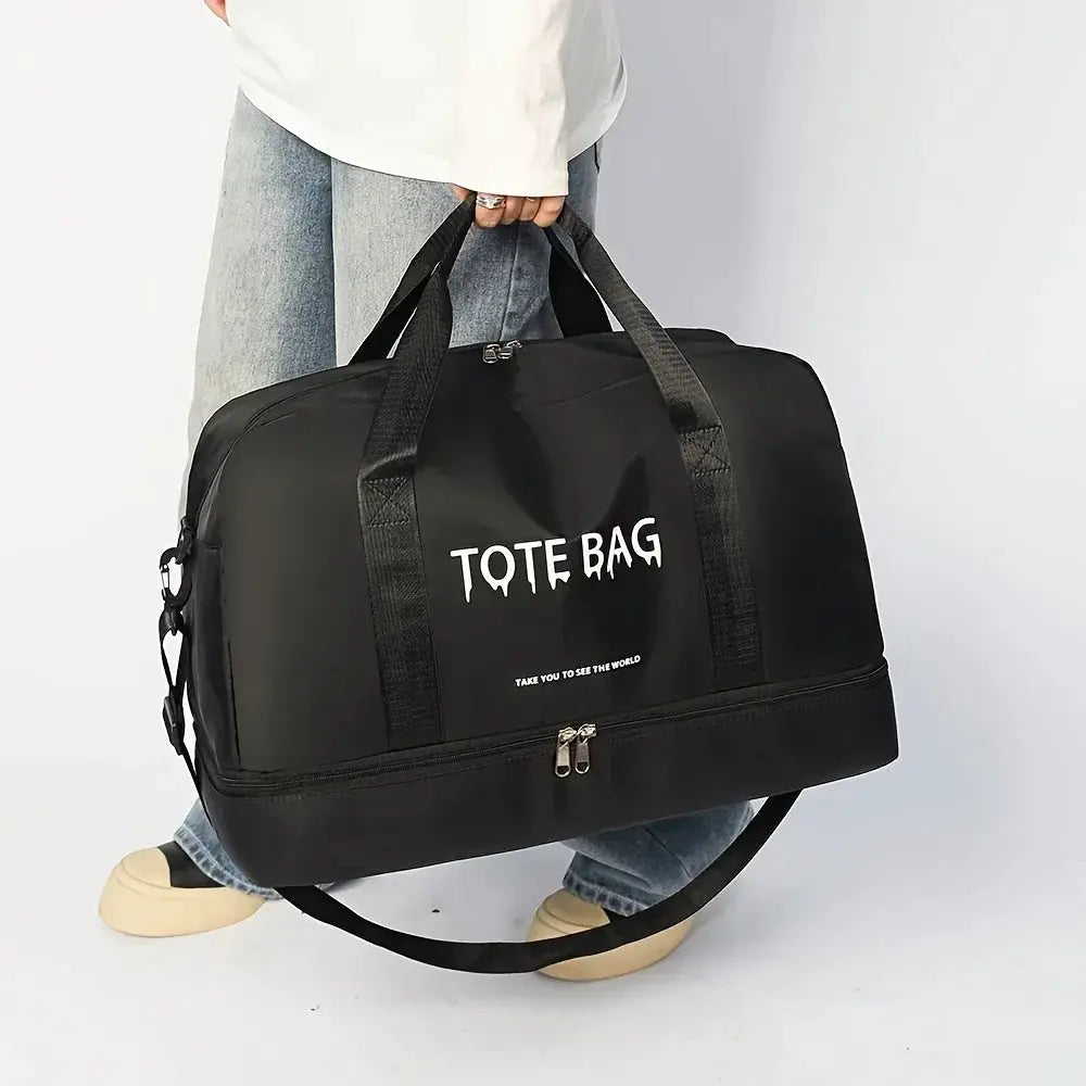 Multifunctional large-capacity travel duffle bag in black nylon with top handles and adjustable shoulder strap