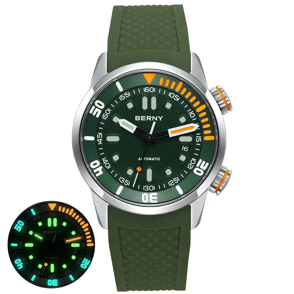 BERNY Automatic dive watch for men, green dial with orange accents, green rubber strap, sapphire crystal