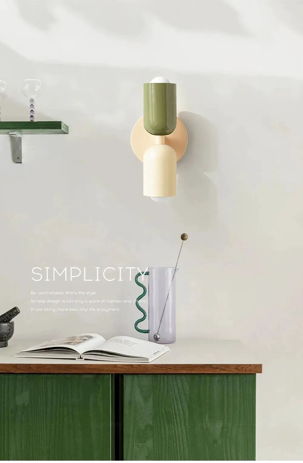 Nordic LED wall lamp with olive-green top and cream bottom dual heads, modern minimalist fixture for living room