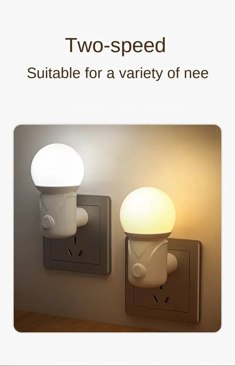Two LED night lights with EU/US plugs, globe bulbs in cool and warm tones, dimmable