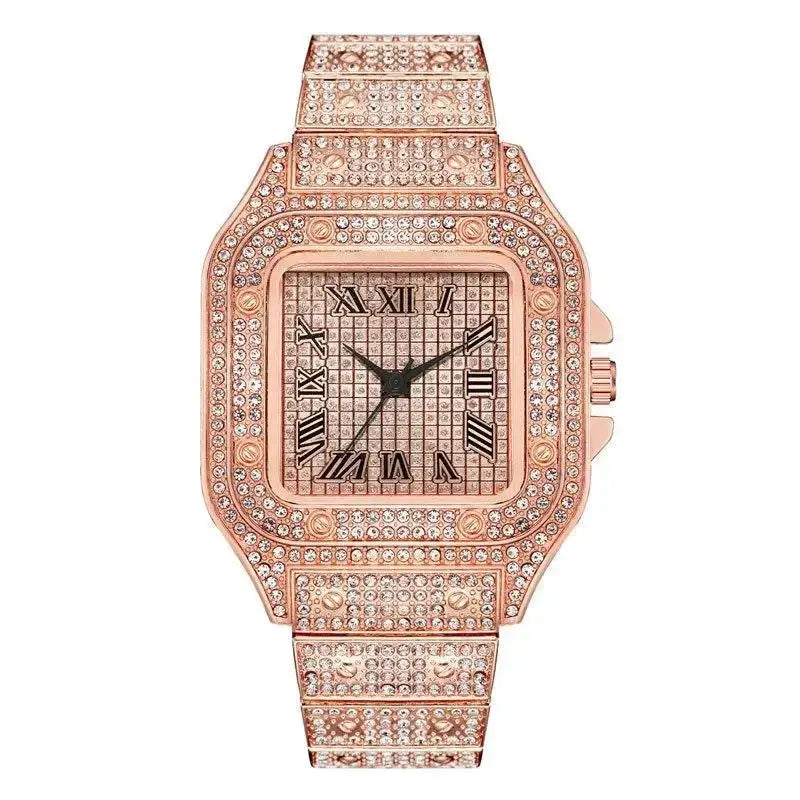 Rose gold diamond-studded wristwatch with Roman numeral dial, unisex bracelet style.