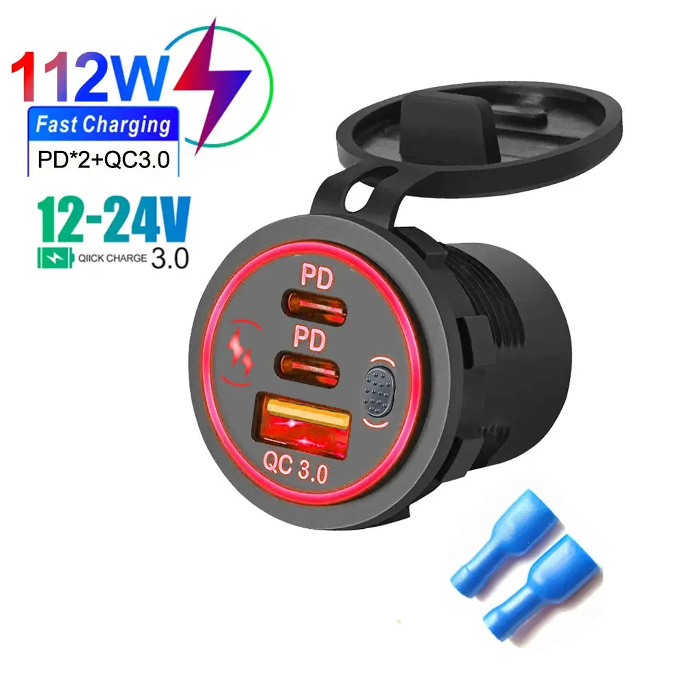 Velev 78W PD3.0 QC3.0 Dual USB C Ports Car Charger Socket Waterproof With LED Touch Switch 12V/24V For Moto