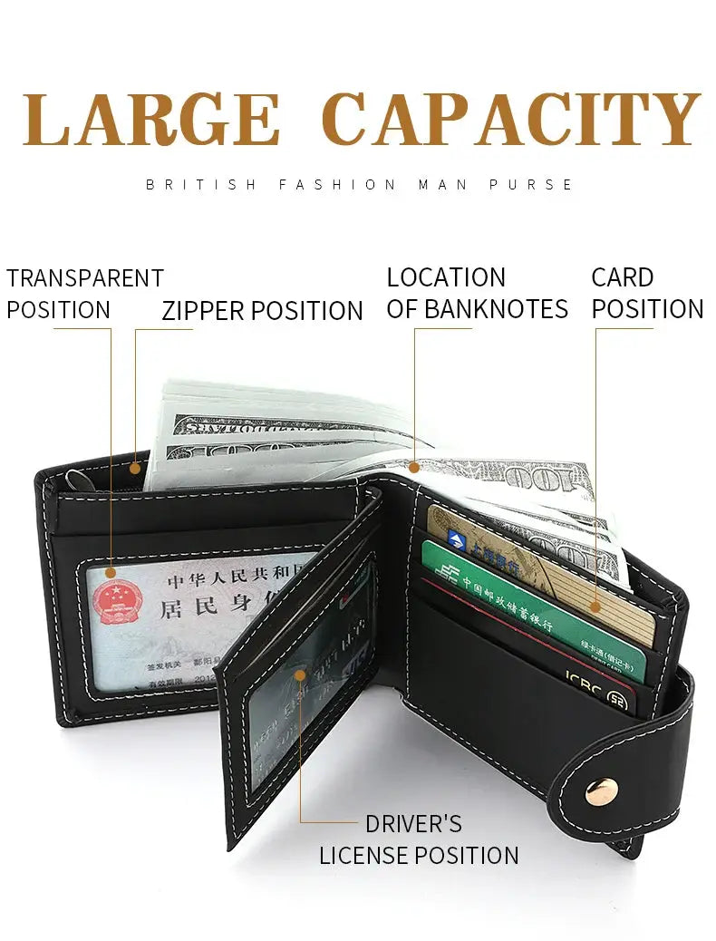 Men's PU leather wallet by Simples Market; black folding bi-fold with card slots and clear ID window.