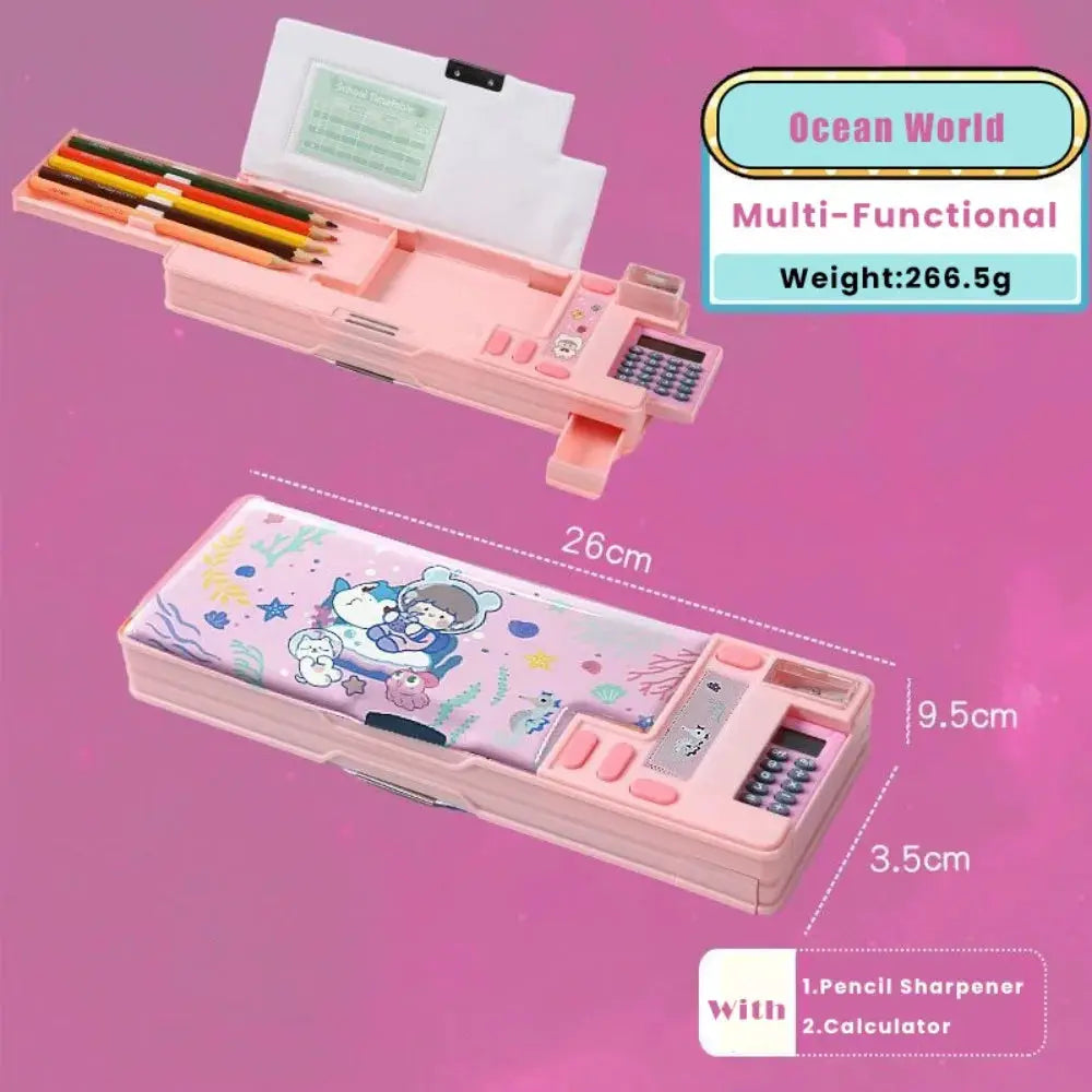 Plastic pencil case with calculator and pencil sharpener; pink double-sided, multi-functional pen bag (2 shown).