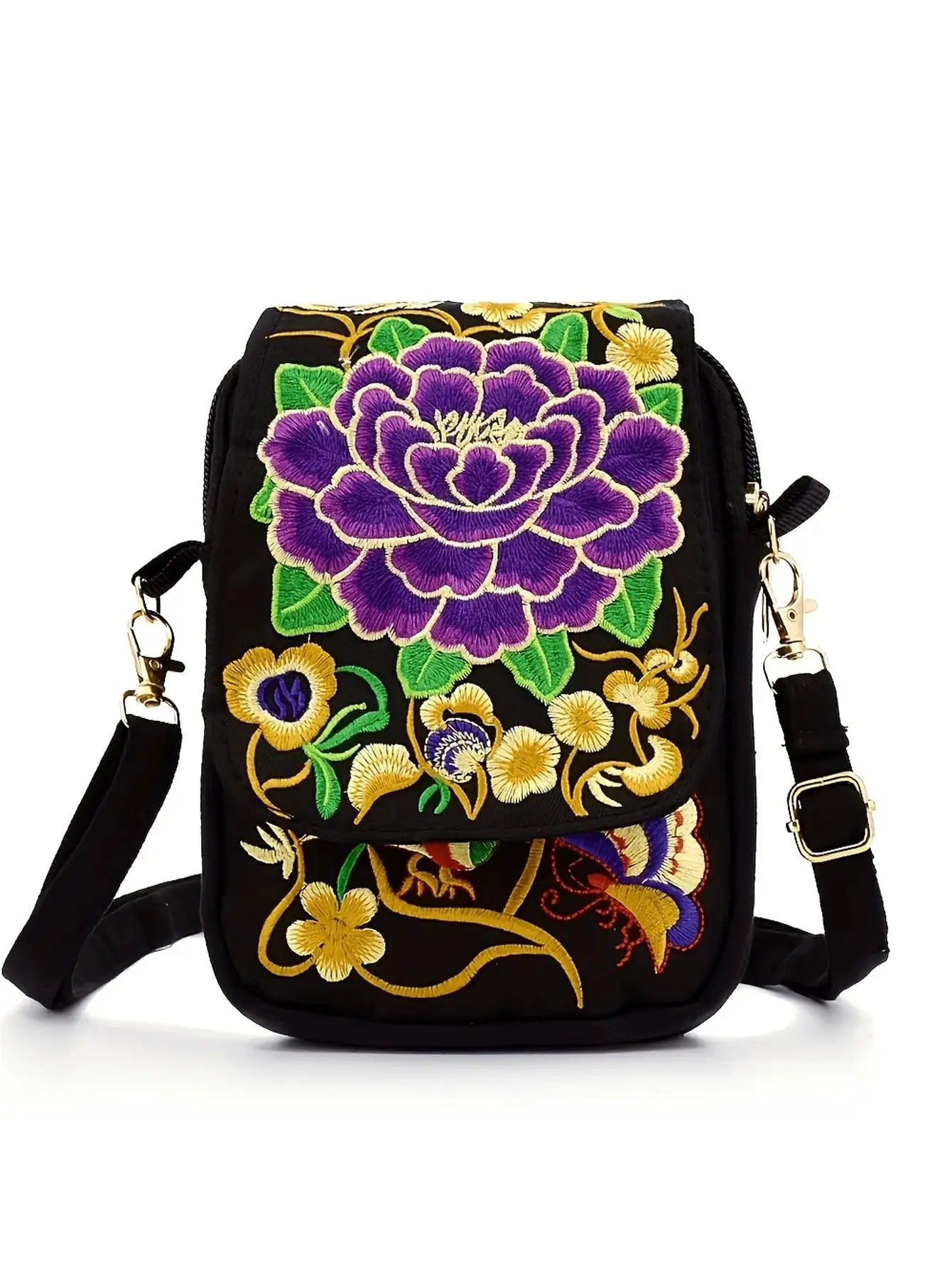 Simples Market stylish women's embroidered crossbody phone bag; black canvas with vibrant purple flower embroidery